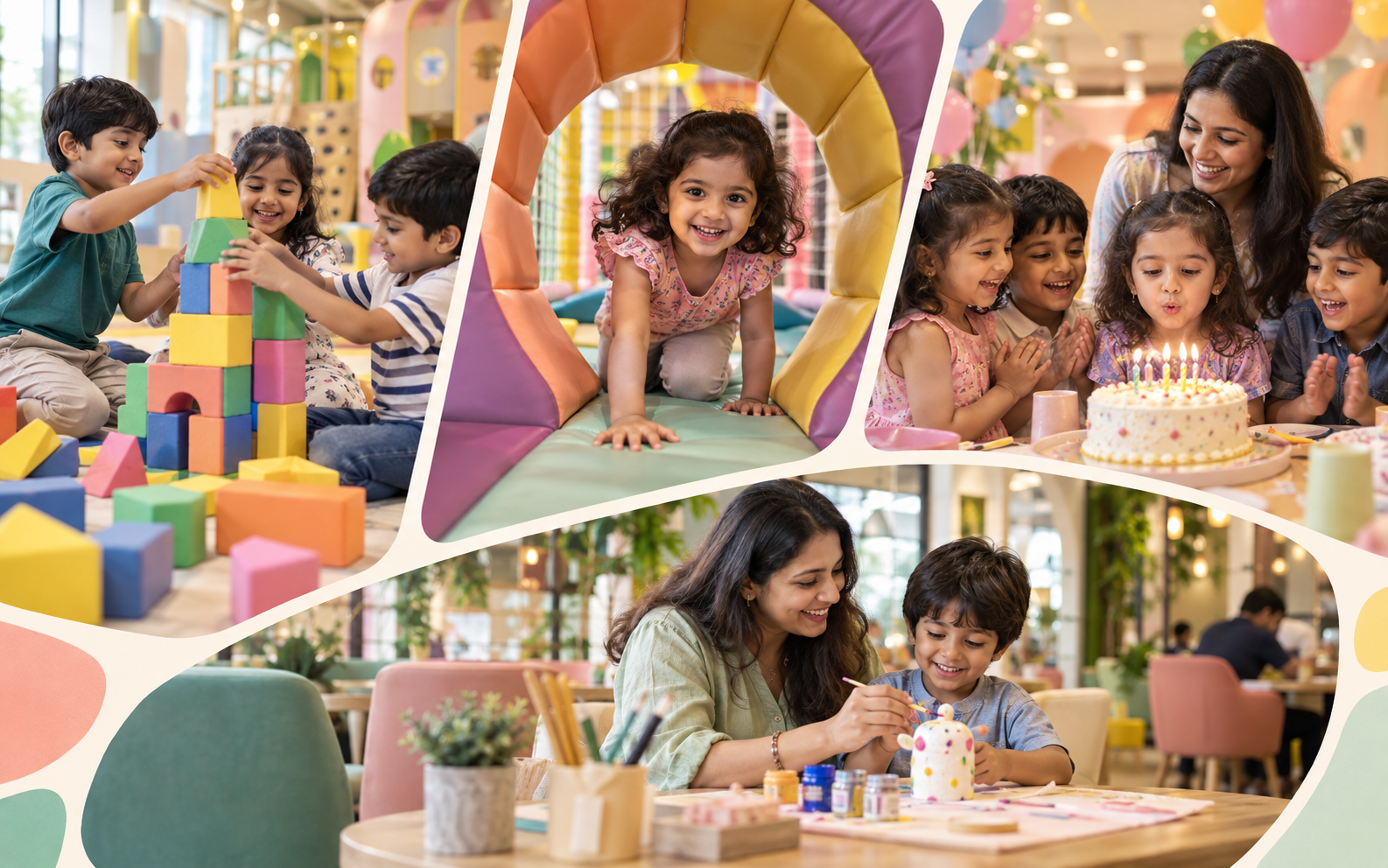 Original four-scene collage of play, celebration and family creativity at Tingaland Noida