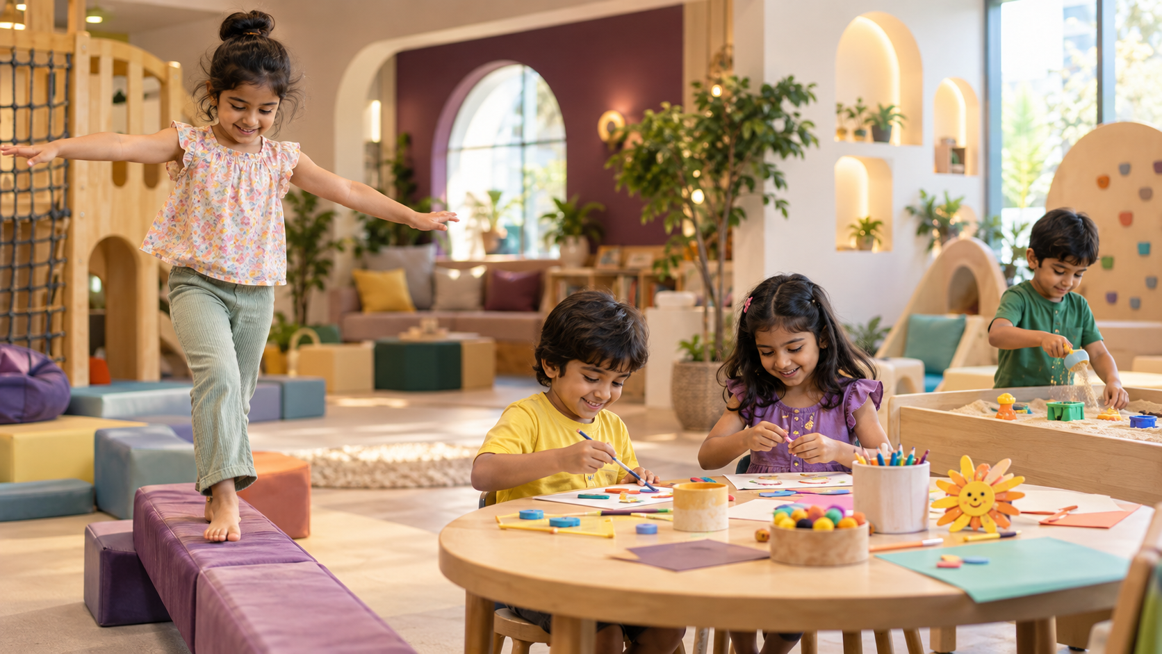 Children balancing, making crafts and enjoying sensory play