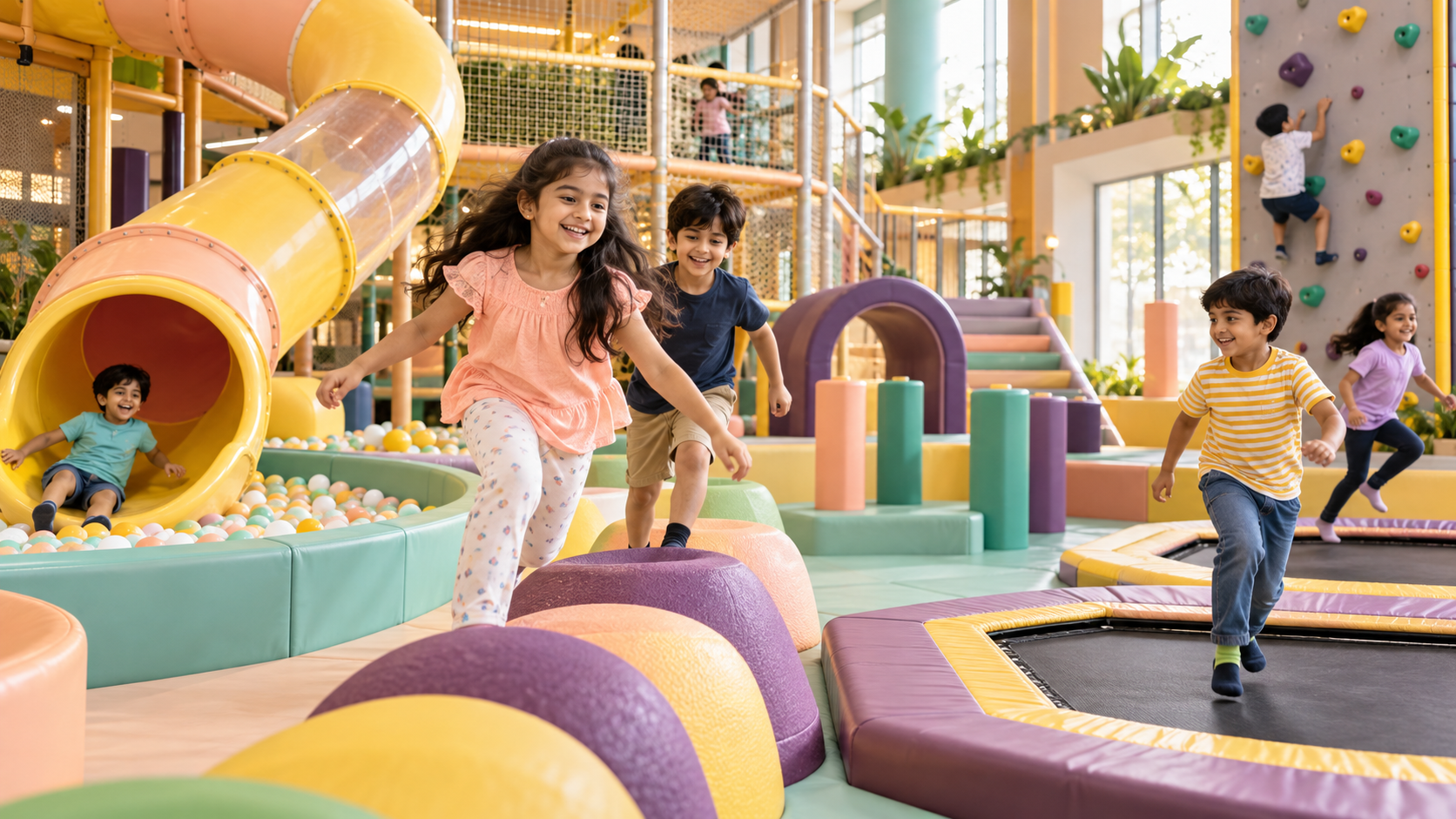 Children exploring slides, climbing and trampoline activities