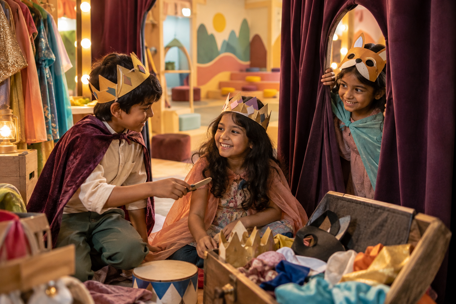 Children creating a story together with handmade props
