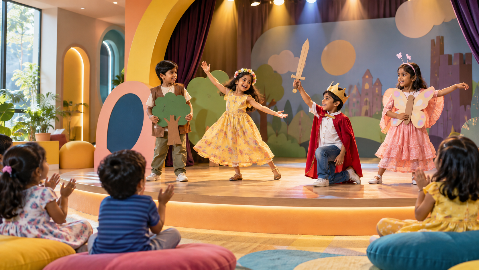 Children joyfully performing together on a colourful indoor stage