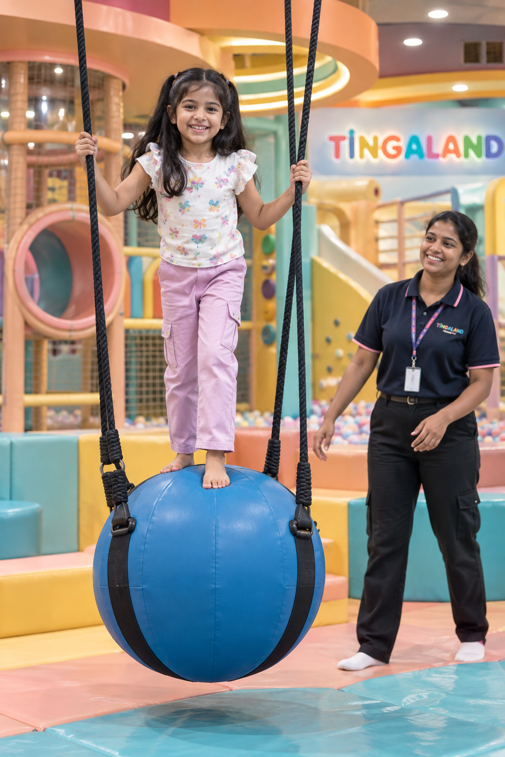 Child balancing on the Ball Swing with a Tingaland play attendant nearby