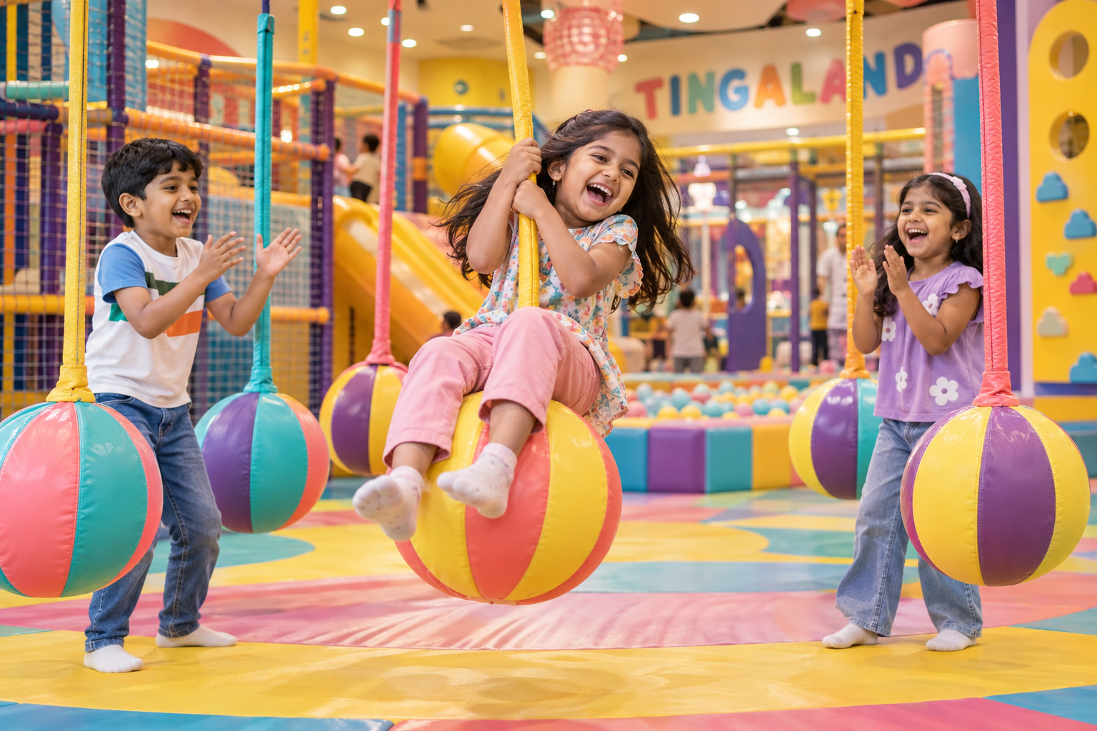 Friends celebrating a joyful Ball Swing moment at Tingaland