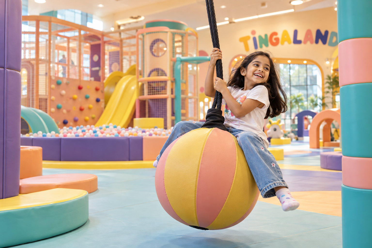 Child enjoying the colourful Ball Swing at Tingaland Noida