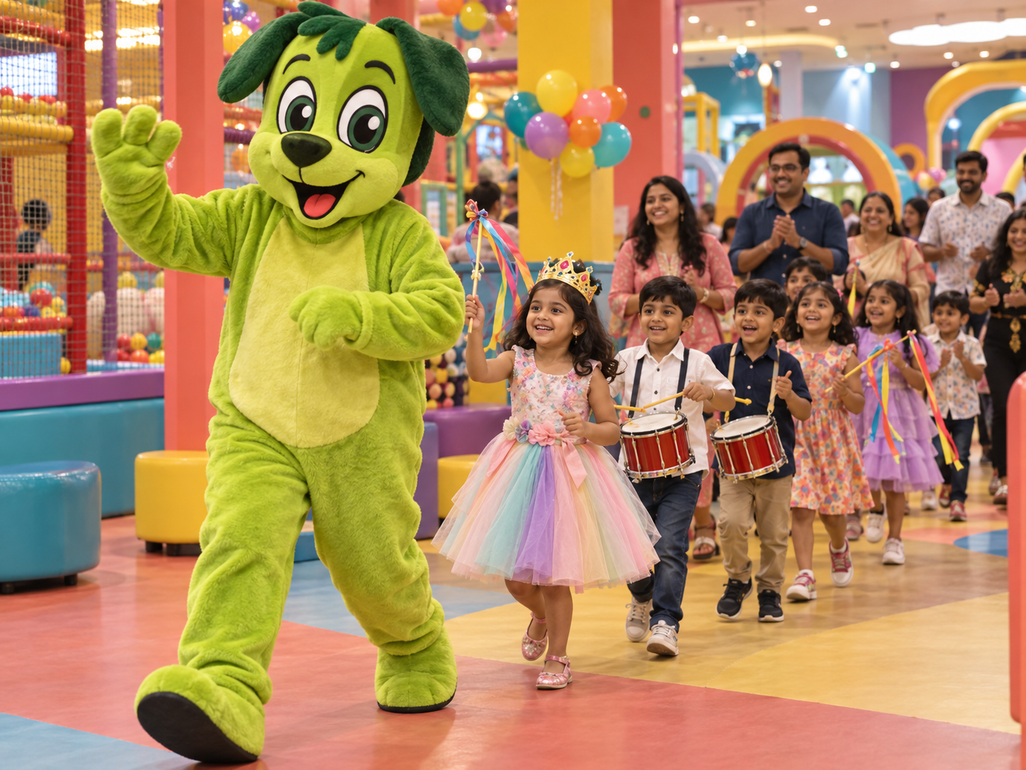 Children following the green Tingaland mascot with ribbons and drums