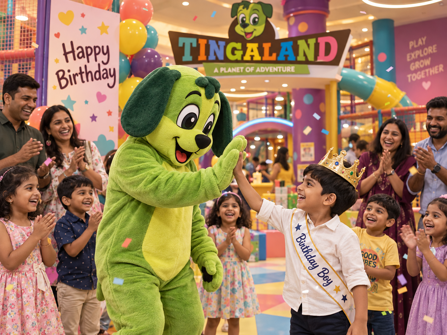 Birthday child high-fiving the Tingaland mascot surrounded by family