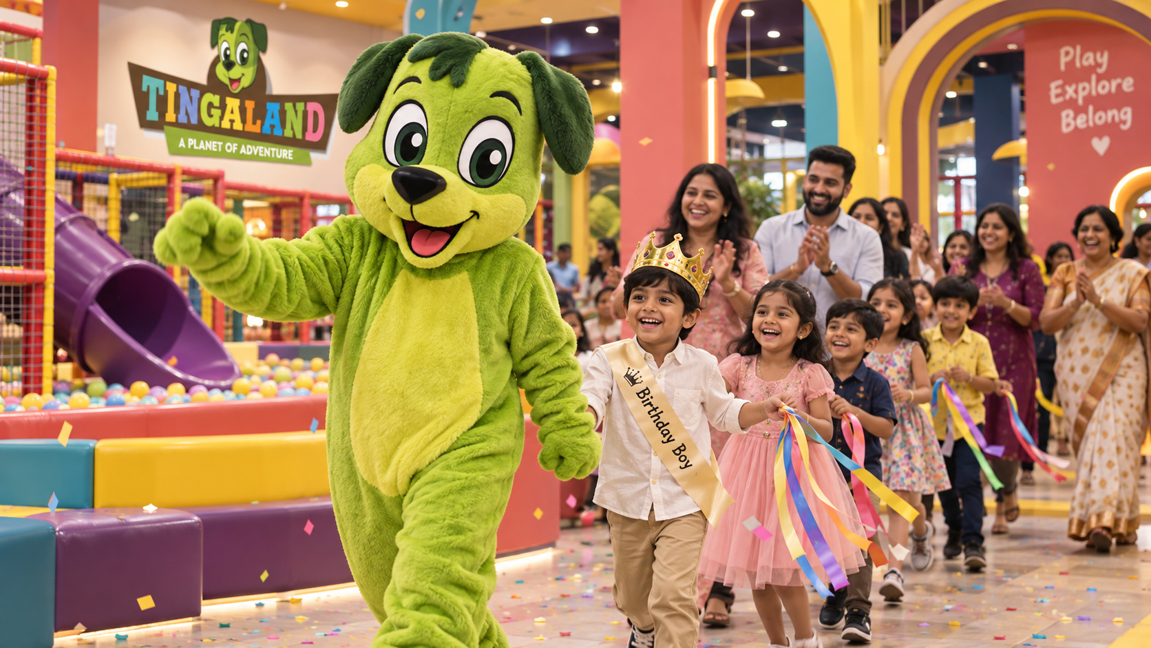 Tingaland mascot leading a joyful birthday child and family parade