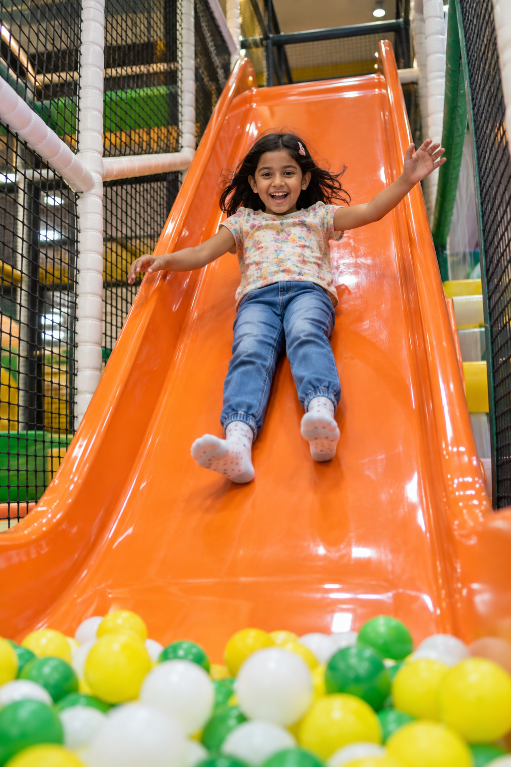 Child enjoying the fast orange drop slide