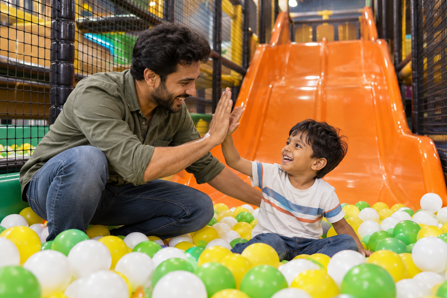 Parent and child sharing a high five after the drop slide