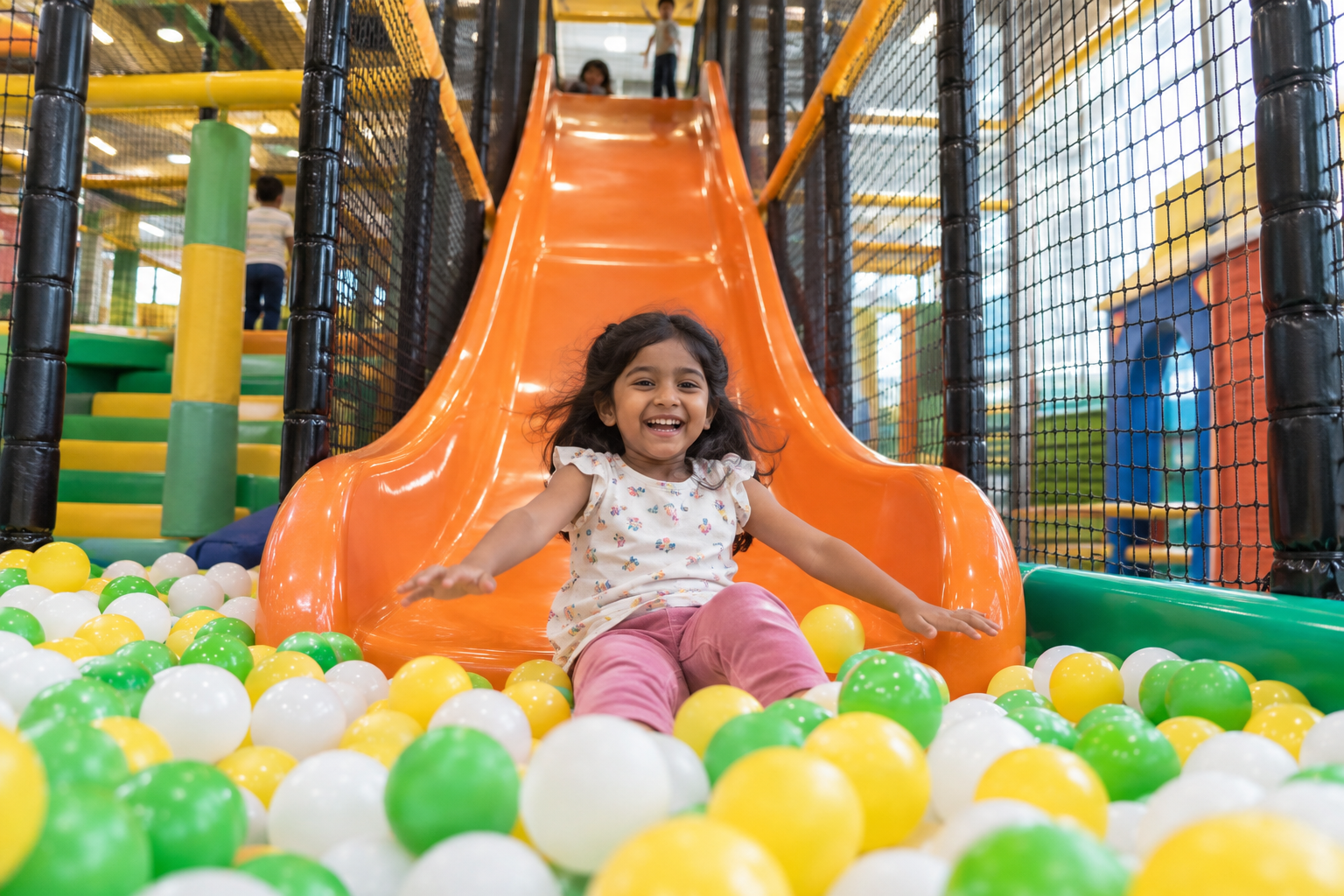 Child joyfully landing from the 70 degree drop slide at an indoor play zone