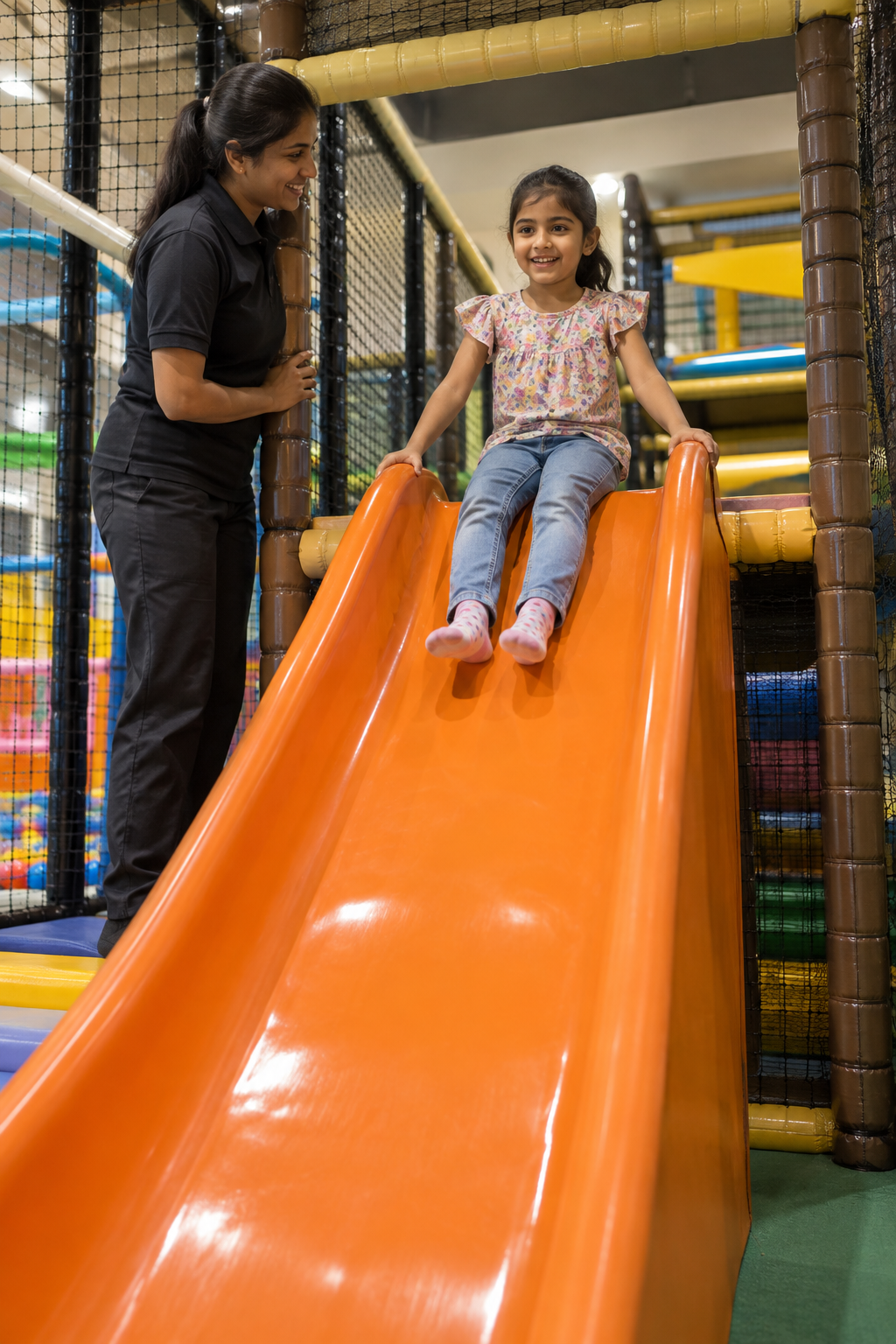 Child safely getting ready at the top of an orange drop slide with an attendant