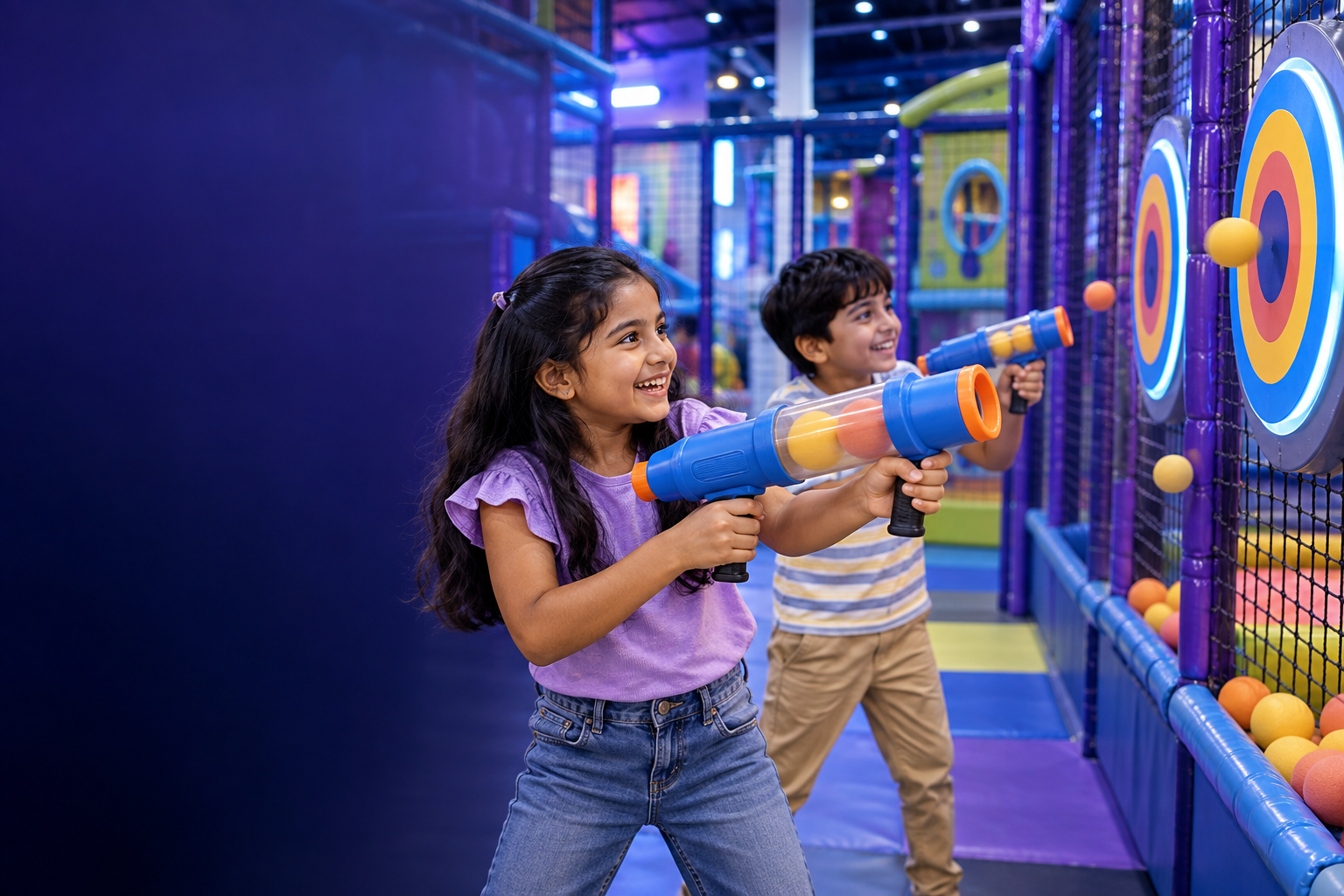 Children enjoying the safe foam-ball target game at Tingaland Noida