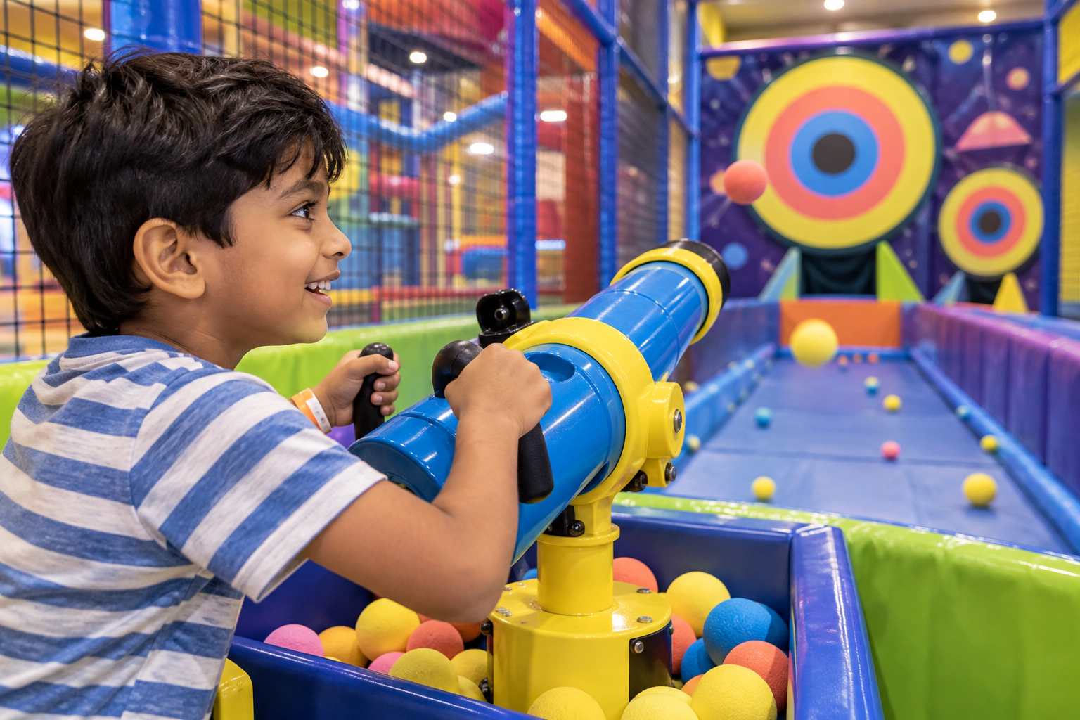 Child aiming a mounted soft foam-ball launcher at colourful targets