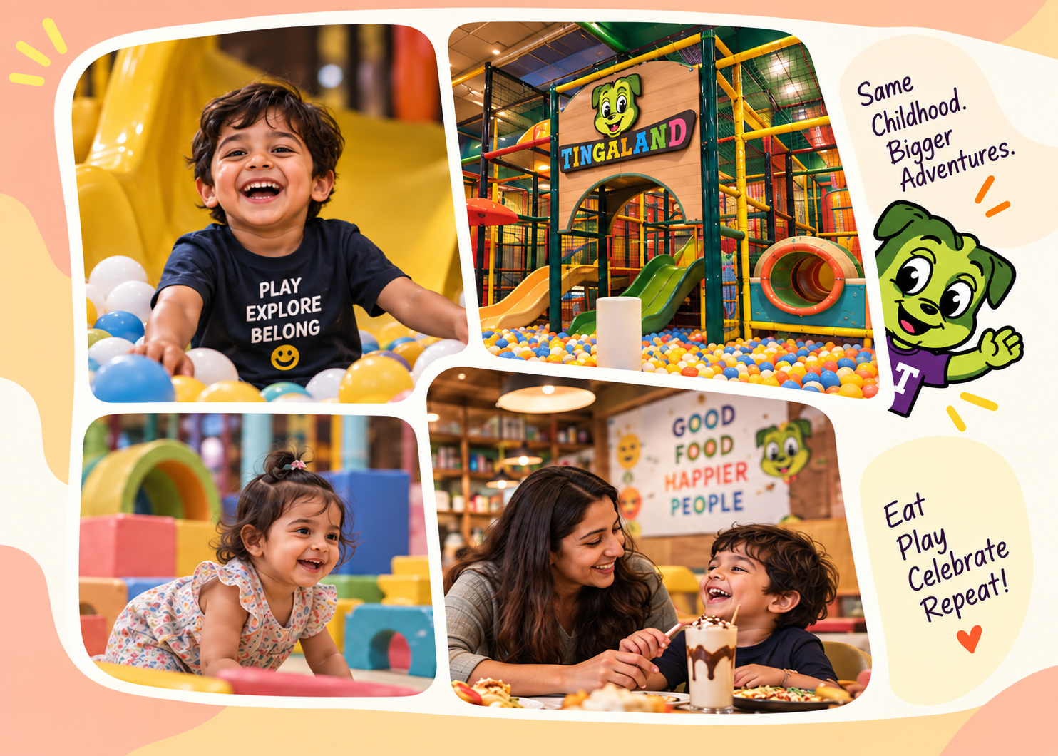 Four joyful Tingaland moments: children at play, the indoor adventure zone and a family café moment, with the Tingaland mascot peeking in