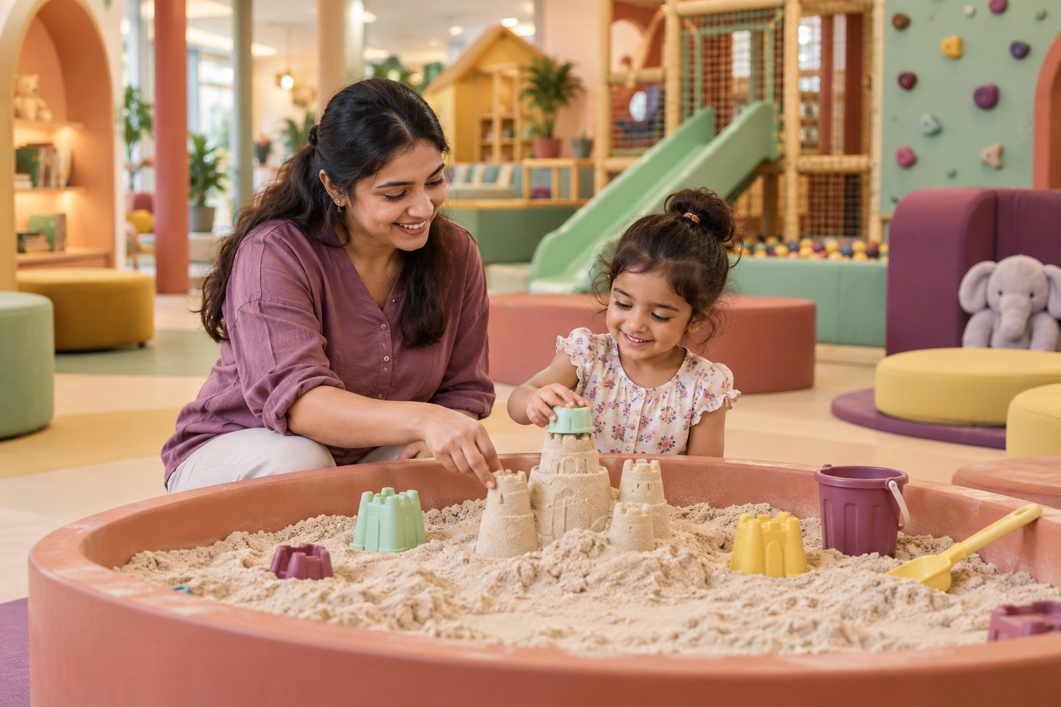 Tingaland attendant guiding a child at the sand table