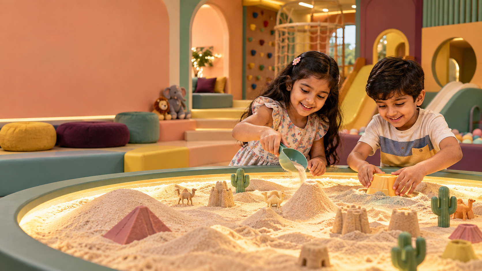 Children happily exploring the illuminated sand table at Tingaland Noida
