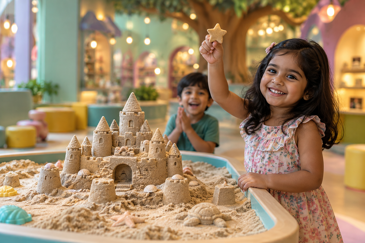 Child proudly showing a sand star beside a castle