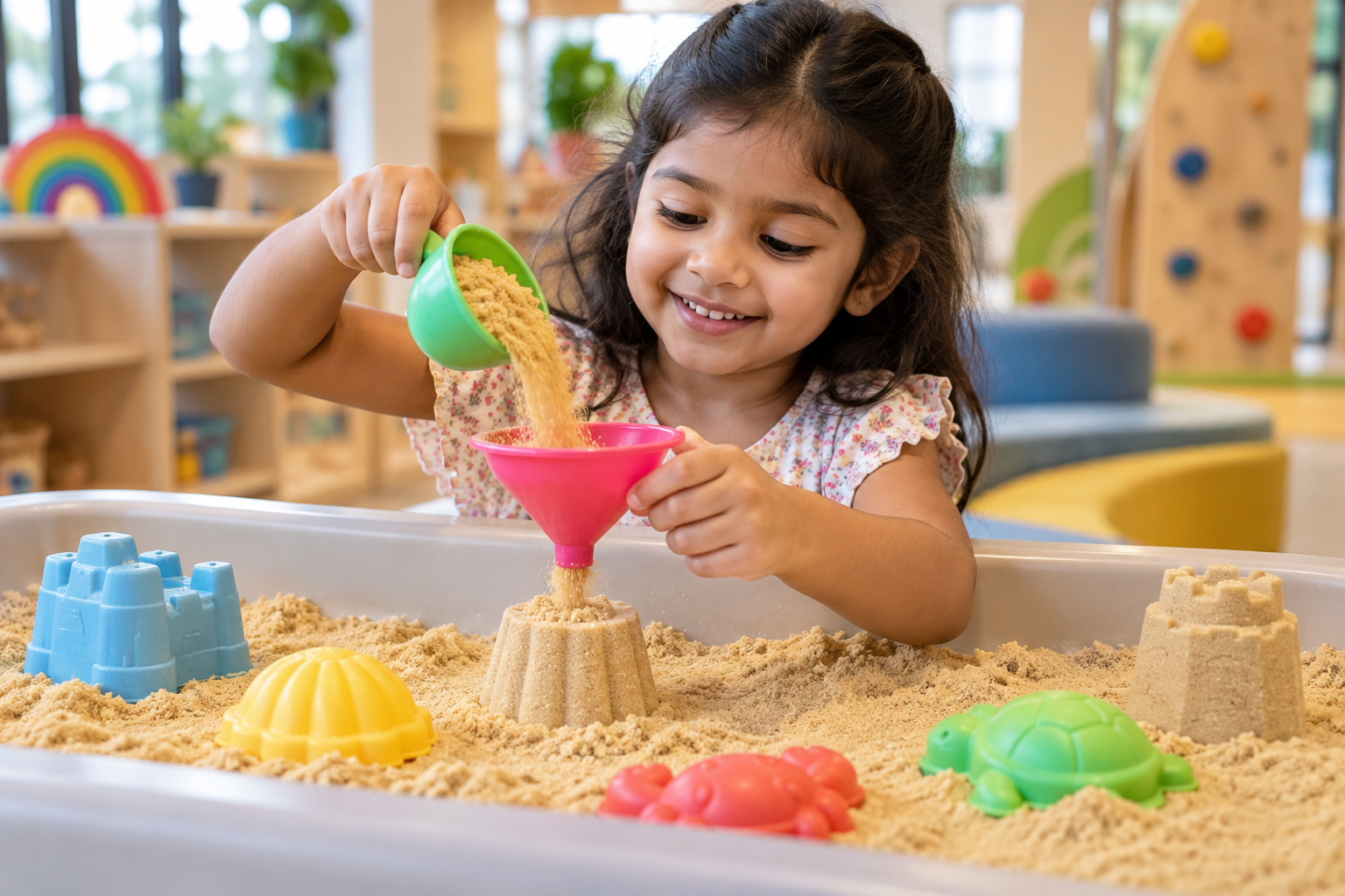 A child pouring soft play sand through a colorful funnel
