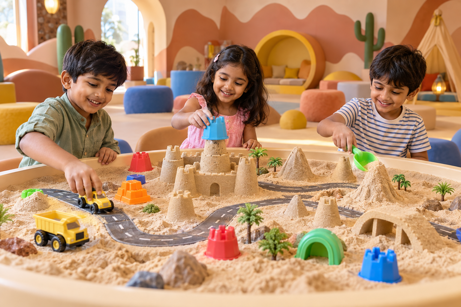 Children building a sand landscape together