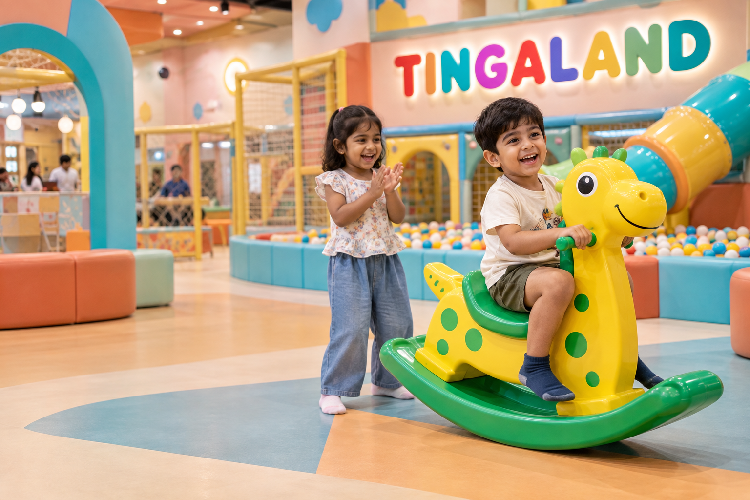Child enjoying the colourful rocking ride at Tingaland Noida