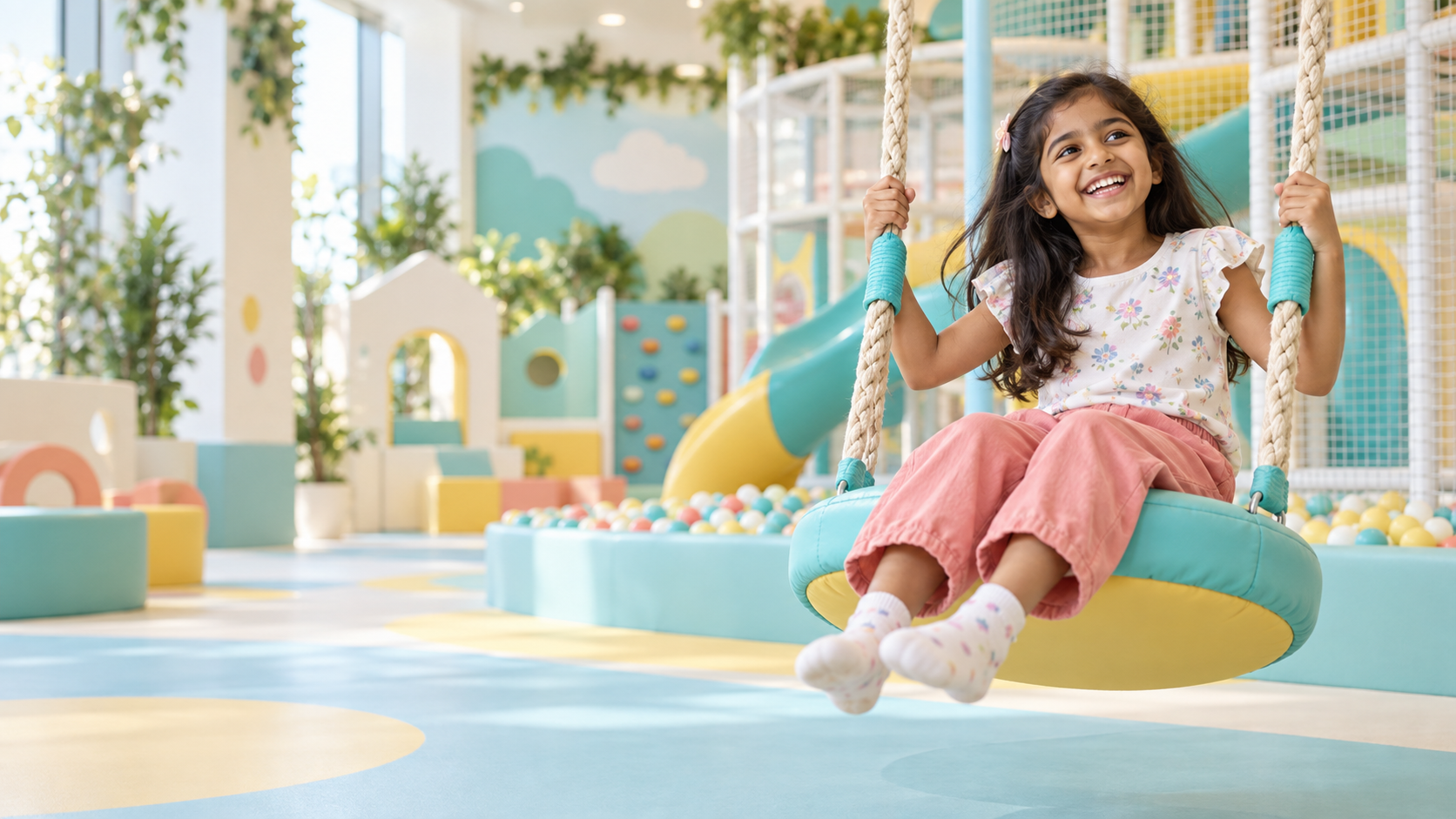 Joyful child enjoying a safe indoor swing at Tingaland Noida