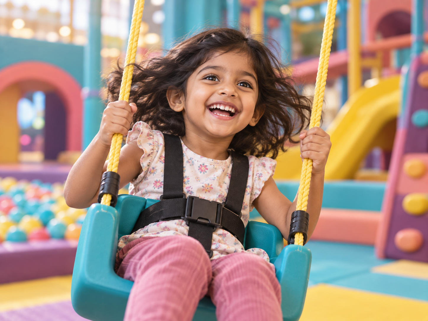 Child holding the ropes on a safe indoor swing