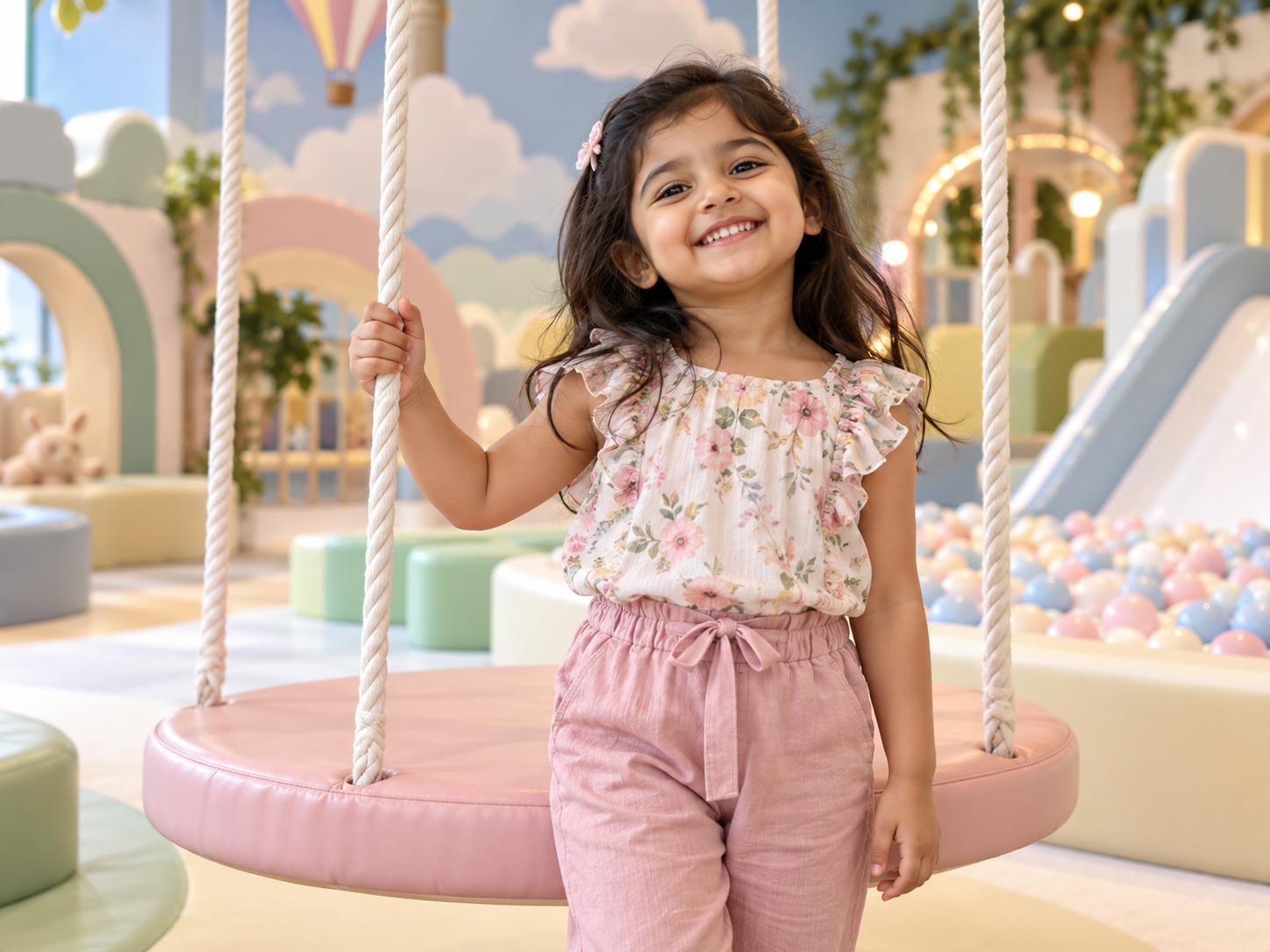 Proud child smiling beside an indoor swing