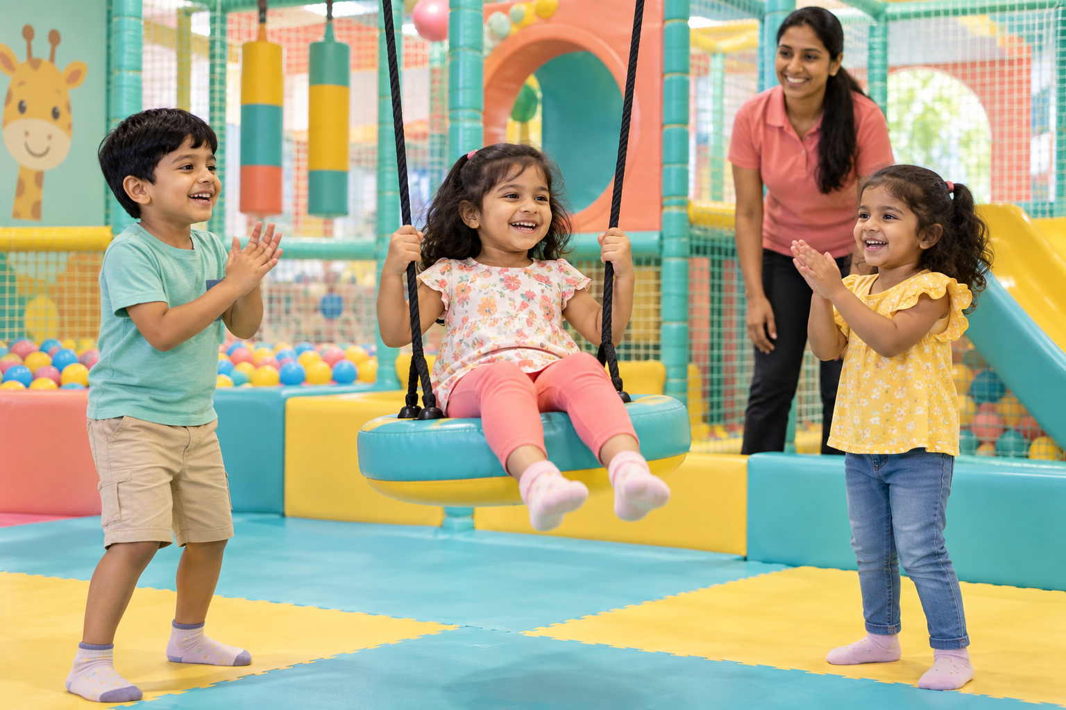 Children cheering around a safe indoor swing