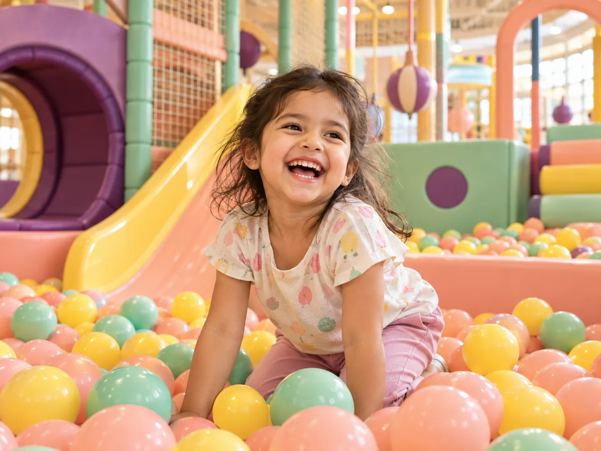Illustrative AI-generated scene of a child enjoying an indoor ball pool