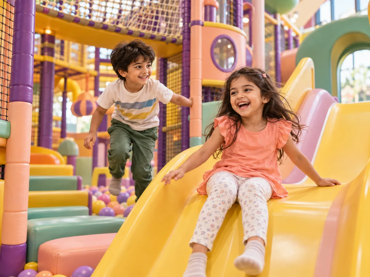 Illustrative AI-generated scene of children playing together on an indoor slide