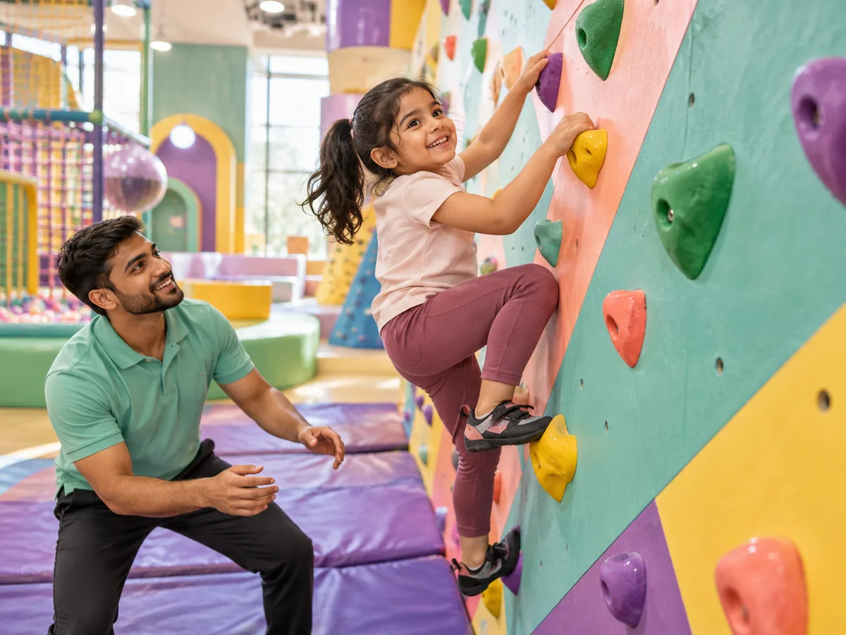 Illustrative AI-generated scene of a child climbing an indoor wall with adult supervision
