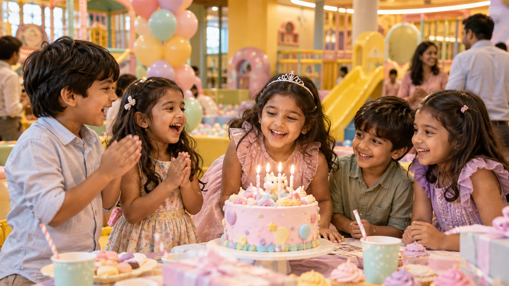 Illustrative scene of children celebrating a birthday in an indoor play venue