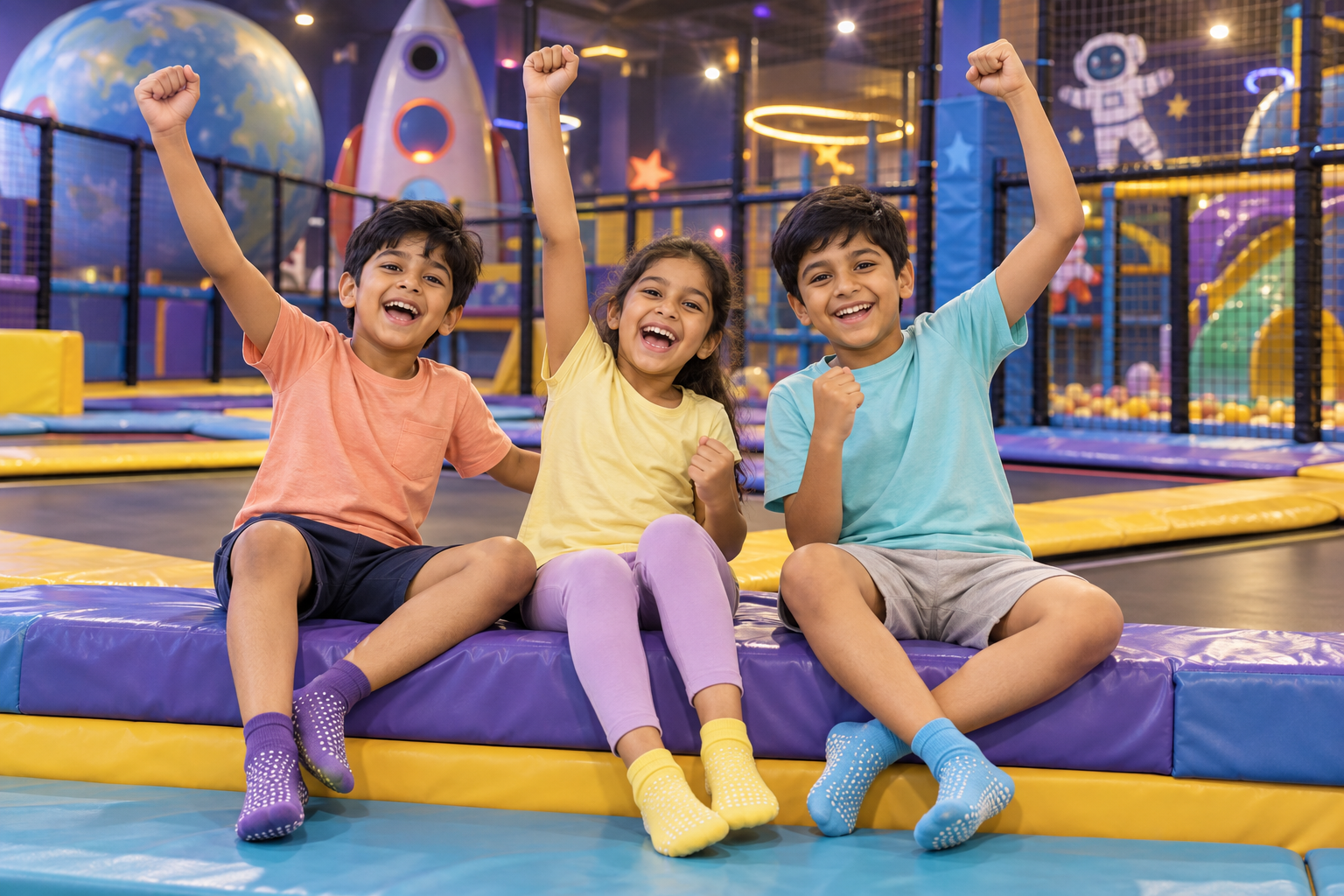 Children celebrating after trampoline play