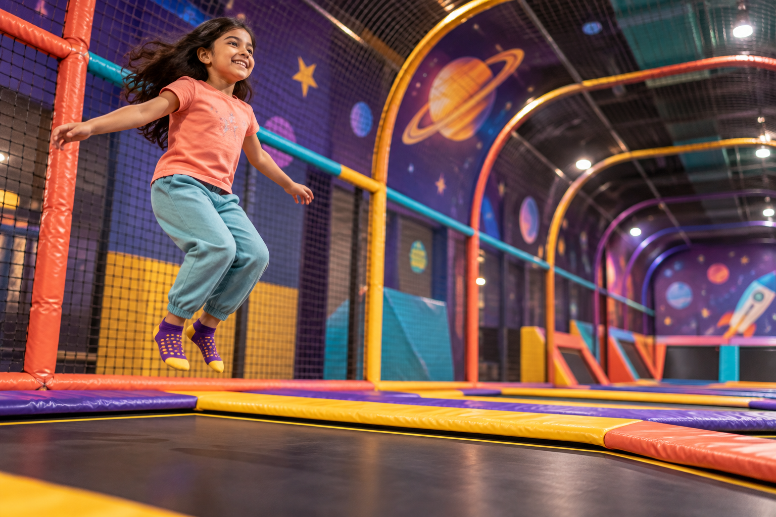 Girl enjoying a safe cinematic trampoline jump