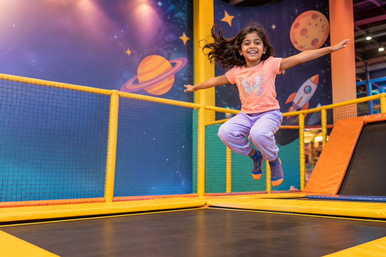 Joyful child bouncing safely on an indoor trampoline