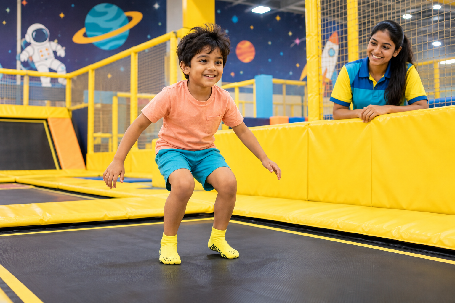 Child practicing a safe trampoline landing with a supportive attendant