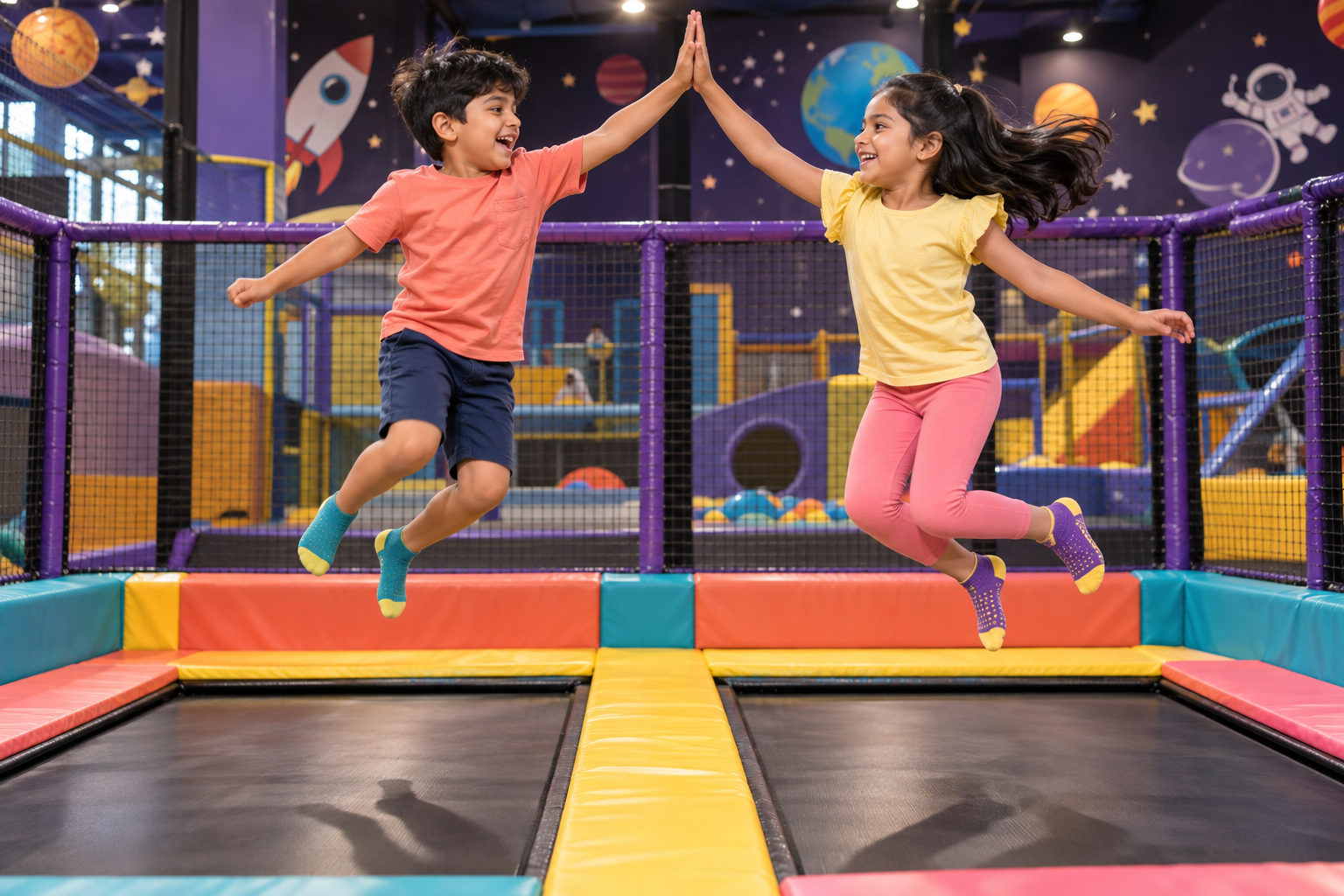 Two children sharing a joyful trampoline high-five