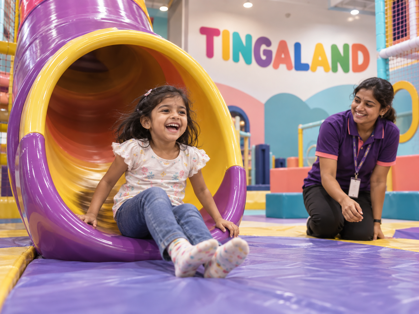 A child exiting the tube slide with a Tingaland play attendant nearby