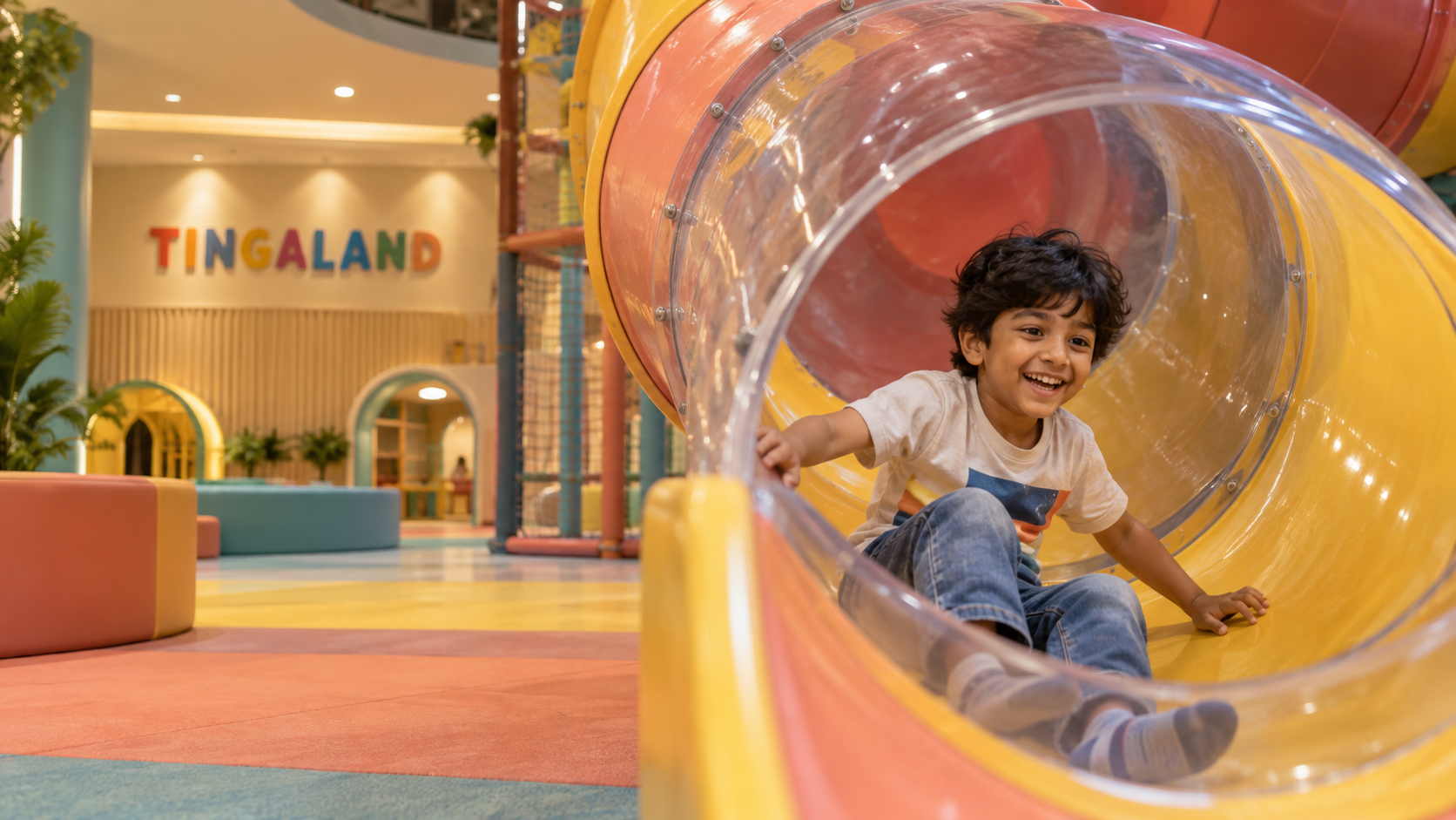 A happy child enjoying a colourful tube slide at Tingaland