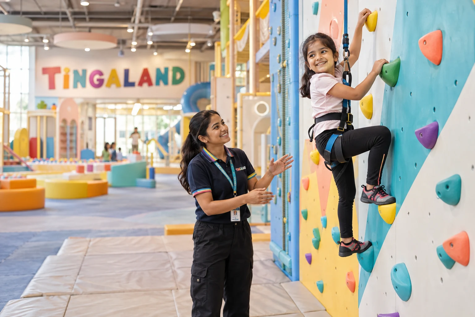 Child wall climbing safely with a Tingaland play attendant in Noida