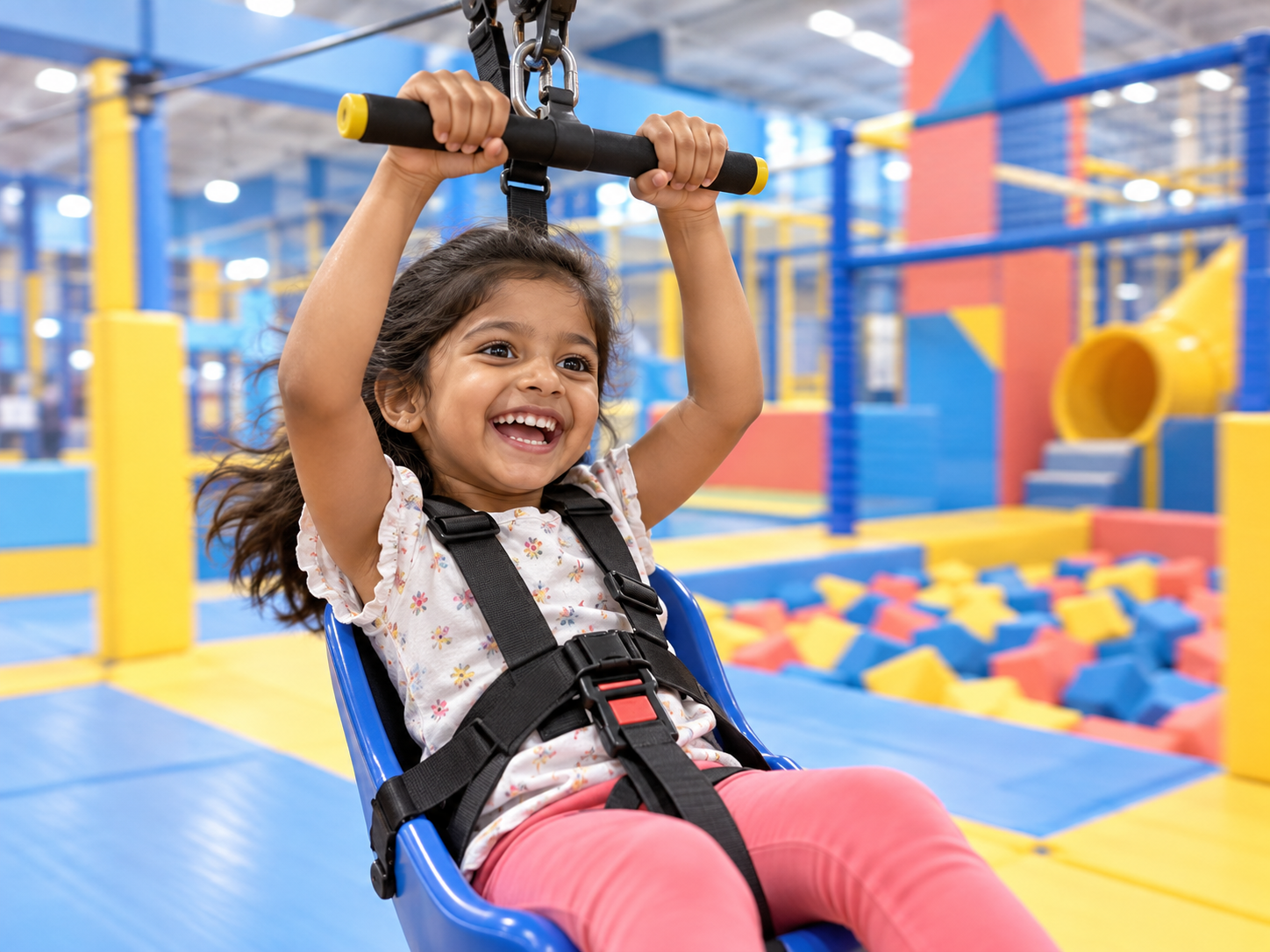 Child holding the indoor zipline handle with a secure harness