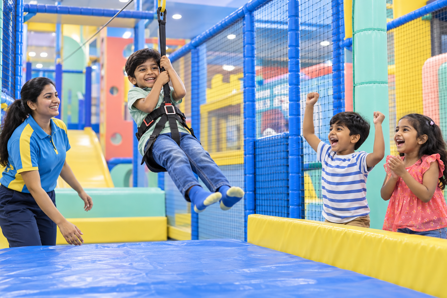 Children cheering a safe indoor zipline ride