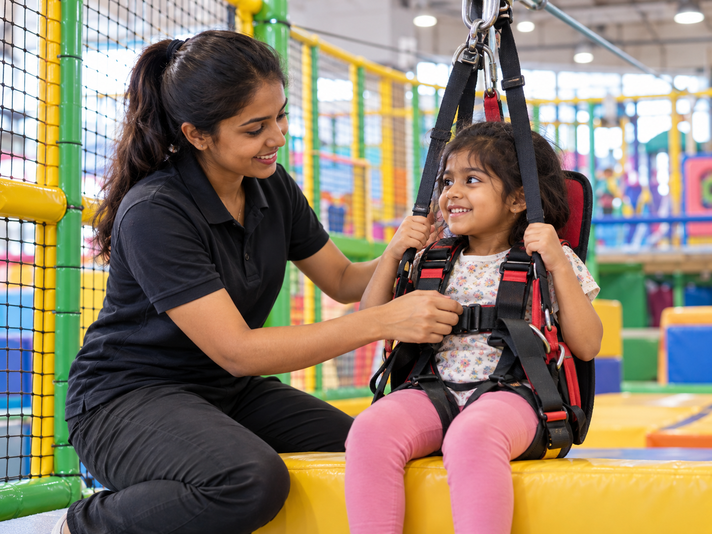 Play attendant helping a child prepare for the zipline