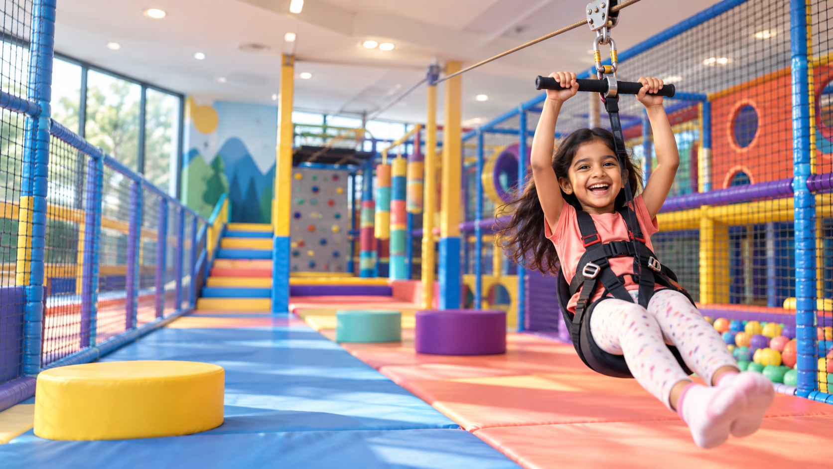 Joyful child enjoying the safe indoor zipline at Tingaland Noida
