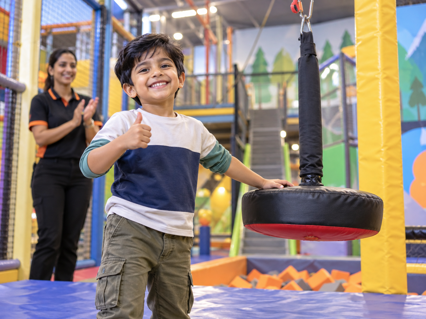Proud child smiling after a safe indoor zipline ride